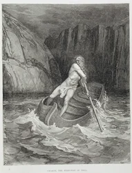 Caronte, el barquero del infierno, de la Divina comedia (Infierno) de Dante Alighieri, grabado por Stéphane Pannemaker (1847-1930), hacia 1868