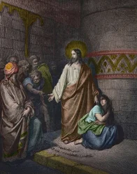 Cristo y la mujer adúltera, ilustración de Gustave Doré (1832-1883) - Jesús y la mujer sorprendida en adulterio - grabado de Gustave Doré - coloreado posterior