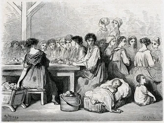 Cigarreras de Sevilla. Fabricación de cigarros, trabajadores, tabaco. Dibujo de Gustave Doré ilustrando el “Viaje a España” de Charles Davillier