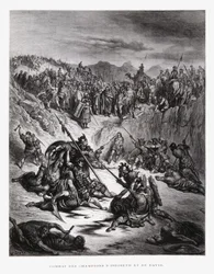Soldados de combate de Is-boset y David, ilustración de la Biblia de Dore