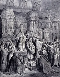 Ciro II el Grande (580 a.C. - 530 a.C.) liberó a los pueblos cautivos a su llegada a Babilonia en 539 a.C. y devolvió al pueblo judío los vasos sagrados que habían sido tomados como botín en el templo de Jerusalén. Grabado de Gustave Doré.