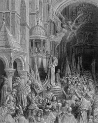Dandolo predicando la cruzada en la iglesia de San Marcos en Venecia - grabado por Gustave Doré