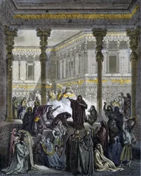 Daniel confundiendo a los sacerdotes de Baal - grabado en "La Biblia ilustrada" por Gustave Doré (1832-1883) - Grabado de "La Biblia de Doré"
