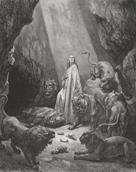 Daniel en el foso de los leones, Daniel 6:16-17, ilustración de La Santa Biblia de Doré, grabada por Piaud, 1866