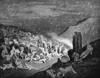Dante Alighieri Inferno, primera parte de su Divina Commedia (Divina Comedia) 1863. Canto XIV: Tercer compartimento del séptimo círculo donde se castigan tres tipos de violencia: contra Dios, contra la Naturaleza y contra el Arte. Incesante era el juego de