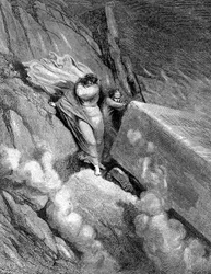 Dante y Virgilio al borde del abismo del que emanaba un olor fétido, 1863