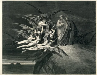Dante y Virgilio se enfrentan a los demonios. Grabado de El Infierno de Dante Alighieri (la Divina Comedia) ilustrado por Gustave Dore. Edición francesa de 1861. "... Nessun di voi sia fello! (¡Que ninguno de vosotros sea rebelde!)" canto 21, v. 72.