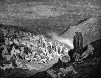 Dante y Virgilio mirando hacia abajo a las almas en tormento en el infierno, 1863