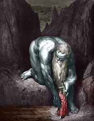 Dante y Virgilio se encuentran con el gigante Anthee, ilustrado por Gustave Dore