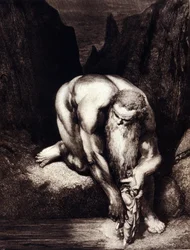 Dante y Virgilio se encuentran con el gigante Anteo. Ilustración para la Divina Comedia de Dante Alighieri por Gustave Doré.