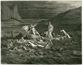 Dante y Virgilio navegan, guiados por el Nocher Phlegyas, por la Estigia en la que vadean las presas, que intentan subir a la barca. Grabado de El Infierno de Dante Alighieri (la Divina Comedia) ilustrado por Gustave Dore. Edición francesa de 1861. "Segand