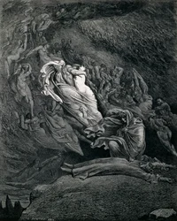Dante y Virgilio con Paolo y Francesca, Ilustración del Infierno, Canto V de La Divina Comedia, de Dante Alighieri (1265-1321), por Gustave Doré (1832-1883)