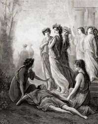 Daphnis et Alcimadure, de una edición de finales del siglo XIX de Fábulas de La Fontaine (grabado en madera)