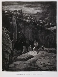 David ofrece su espada en señal de lealtad a Saúl, rey de Israel, Ilustración de la Biblia de Dore