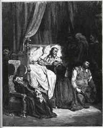 Muerte de Don Quijote [Rodeado por su sobrina, su ama de llaves, Sancho Panza, el párroco, el barbero y el bachiller Sansón Carrasco - de “Don Quijote de la Mancha” por Miguel Cervantes (1547-1616) - xilografía según dibujo de Gustave Doré