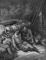 Debate entre los dos espíritus compañeros del Espíritu del Polo Sur sobre si el marinero ha pagado suficiente pena por matar al Albatros, escena de «The Rime of the Ancient Mariner» de S. T. Coleridge, publicado por Harper & Brothers, Nueva York
