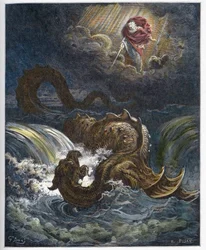 Destrucción de Leviatán - La destrucción del Leviatán, el monstruo marino del Antiguo Testamento - grabado en “La Biblia ilustrada” por Gustave Doré (1832-1883) - Grabado de “La Biblia de Doré”