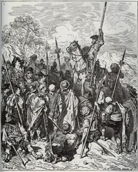 Don Quijote y Sancho con el escuadrón de los aldeanos rebuznadores - de “Don Quijote de la Mancha” de Miguel Cervantes (1547-1616) - xilografía según dibujo de Gustave Doré