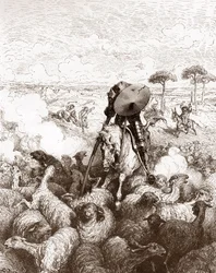 Don Quijote ataca al rebaño de ovejas Grabado de Gustave Dore (1832-1883) para "El Ingenioso Hidalgo Don Quijote de la Mancha" de Miguel de Cervantes (1547-1616) 1863 Colección particular