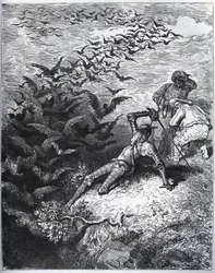 Don Quijote en la cueva de Montesinos - Un número infinito de cuervos y grajos salen de la cueva de Montesinos, derribando a Don Quijote (II, 22) - de “Don Quijote de la Mancha” de Miguel Cervantes (Don Quijote) - xilografía después de un dibujo