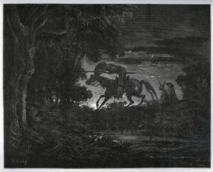 Don Quijote y Sancho Panza al comienzo de la aventura en un bosque espeso y desconocido - de “Don Quijote de la Mancha” por Miguel de Cervantes (1547-1616) - Grabado en madera después de un dibujo de Gustave Doré