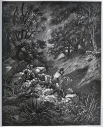 Don Quijote y Sancho Panza continúan su viaje en Sierra Morena en busca de la Deguenille-de-la-Malaise-Mine - de “Don Quijote de la Mancha” de Miguel Cervantes (1547-1616) - xilografía después del dibujo de Gustave Doré