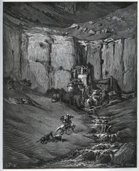 Don Quijote y Sancho Panza descubren lo que causó su preocupación, una cascada y un molino de batán - de 