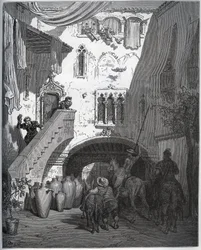 Don Quijote y Sancho Panza, invitados por Don Diego de Miranda en su casa, son recibidos por la esposa y el hijo del caballero - de “Don Quijote de la Mancha” de Miguel Cervantes (1547-1616) - xilografía después del dibujo de Gustave Doré
