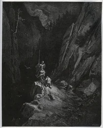 Don Quijote y Sancho Panza se adentran en Sierra Morena - de "Don Quijote de la Mancha" de Miguel de Cervantes (1547-1616) - xilografía después de un dibujo de Gustave Doré.