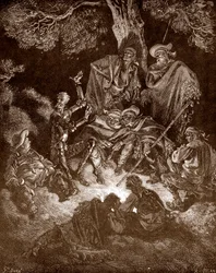 Don Quijote y Sancho Panza con los cabreros Grabado de Gustave Dore (1832-1883) para "L