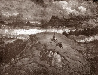 Don Quijote y sancho Panza acercándose a la sierra morena Grabado de Gustave Dore (1832-1883) para "L