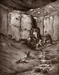 Don Quijote y sancho Panza ven una cascada y casuchas ruidosas (Don Quijote and sancho Panza see a waterfall and noisy hovels) Grabado de Gustave Dore (1832-1883) para "El Ingenioso Hidalgo Don Quijote de la Mancha (Quixotte - Quijote)" de Miguel de Cerva