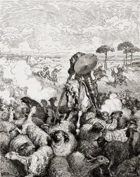 Don Quijote luchando contra el rebaño de ovejas, de Die Gartenlaube, pub. 1905