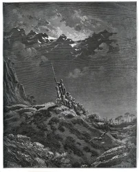 Don Quijote va en misión para Dorotea, acompañado por Sancho Panza, barbero, Dorotea, cura y Cardenio - de 