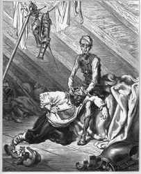 Don Quijote hace probar a Sancho Panza su preciado bálsamo para curarlos de todos los males - de "Don Quijote de la Mancha" de Miguel Cervantes