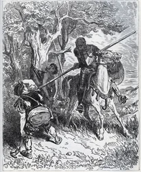 Don Quijote toma partido por el joven criado - "Por el sol que nos ilumina, no sé quién me impide pasar mi espada por el cuerpo" - de "Don Quijote de la Mancha" de Miguel de Cervantes (1547-1616) - xilografía después de un dibujo de Gustave Doré.
