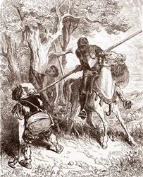 Don Quijote amenaza al campesino que embarcaba al pastorcillo Grabado de Gustave Dore (1832-1883) para "L
