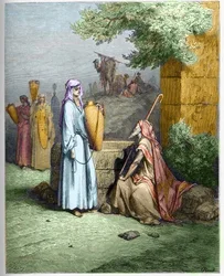 Eliezer y Rebeca - Eliezer, el sirviente de Abraham, recibe un vaso de agua de Rebeca - Eliezer y Rebeca - grabado en “The Bible illustree” por Gustave Dore (1832-1883) - Grabado de “The Dore Bible”