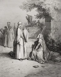 Eliezer y Rebeca, Génesis 24:15-21, ilustración de 