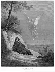 Elías va al desierto y pide morir, pero llega un ángel y le ordena: «Levántate y come». Biblia, 1 Reyes 19,5. De la Biblia de Gustave Doré 1865-1856. Xilografía