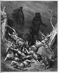 Eliseo maldice a los jóvenes de Betel - Los niños de Betel destruidos por osos - Elías maldice a los jóvenes de Betel - grabado en “La Biblia ilustrada” de Gustave Doré (1832-1883) - Grabado de “La Biblia de Doré”