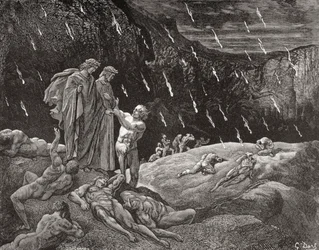 Grabado de Gustave Dore 1832-1883 Artista e ilustrador francés para Inferno de Dante Alighieri Canto XV líneas 28 y 29