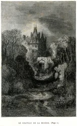 Grabado de Gustave Dore en frontispicio de la novela de Theophile Gautier "El capitán Fracasse". Edición Charpentier 1863. El castillo de la Misere, residencia del barón de Sigognac.
