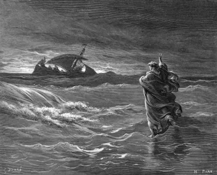 Grabado de Jesús caminando sobre las aguas