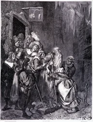 Entra en esta posada, placa IV - Ilustración de Gustave Doré (1832-1883), para La leyenda del judío errante de Pierre Dupont, edición Librería del magazín pintoresco, París 1862