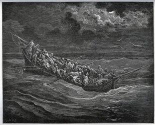 Escape de Zoraide con el cautivo en el bote lleno de fugitivos de Argel a España - de “Don Quijote de la Mancha” por Miguel de Cervantes (1547-1616) - Grabado en madera después de un dibujo de Gustave Doré