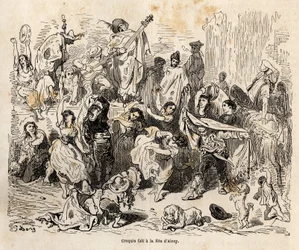Fiestas de San Jorge, patrón de la ciudad de Alcoy, boceto realizado en vivo por Gustave Doré (1832-1883), para ilustrar su viaje a España, en 1862, con Ch. Davillier. Grabado en "Le tour du monde", editado por Edouard Charton