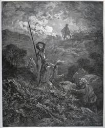Primera aparición del Deguenille-de-la-Malaise-Mine - de "Don Quijote de la Mancha" de Miguel de Cervantes (1547-1616) - xilografía después de un dibujo de Gustave Doré.