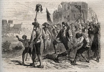 Revolución Francesa: Muerte de Jacques de Flesselles, Conde de Bregy (1730-1789), administrador francés, prevot des marchands sur les degres de l