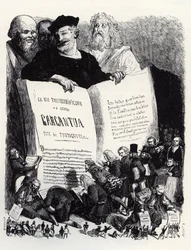 Frontispicio de la edición de 1854 - En compañía de escritores antiguos y modernos, Rabelais presenta su segunda novela - ilustración de 